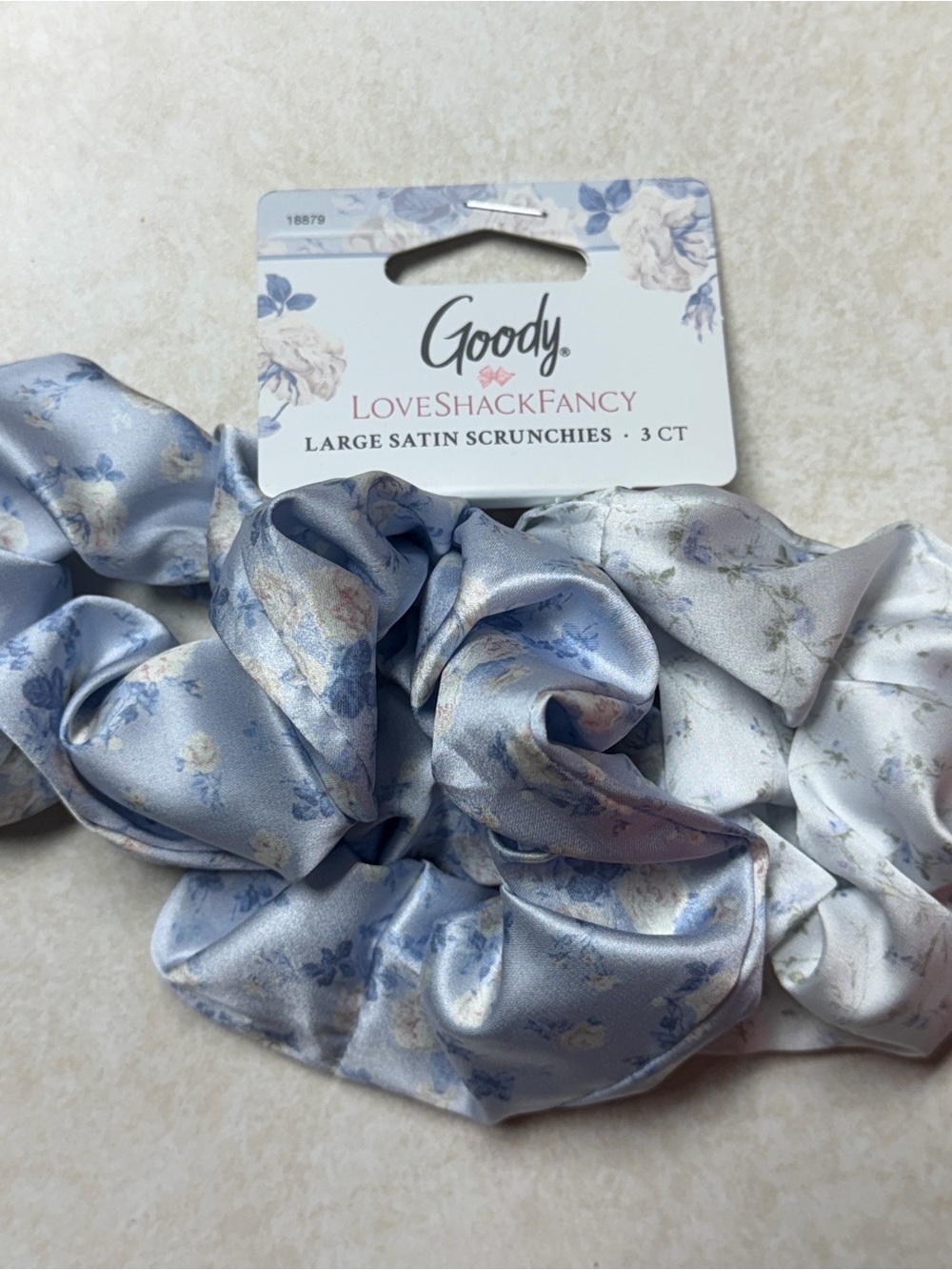 Goody LoveShackFancy Light Blue Satin Floral Scrunchies - 3 Pack